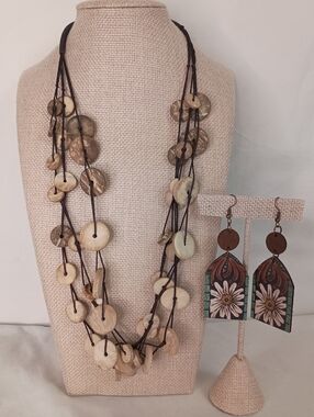 Handmade Cream and Brown Disc Necklace with Brown Cord - Artisan Jewelry Bundle